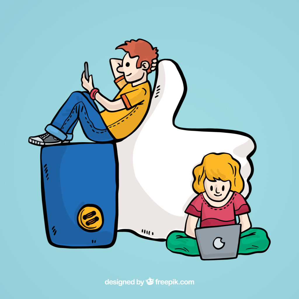 Eine Illustration mit zwei Kinder sitzend. Ein Mädchen mit Laptop und ein June mit Handy in der Hand.