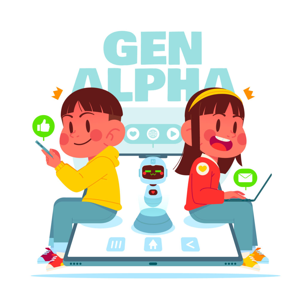 Das Bild zeigt eine Illustration von zwei Jugendlichen mit Laptop und Smartphone. In der Mitte ist ein kleiner Roboter. Darüber steht ein Text "Gen Alpha"
