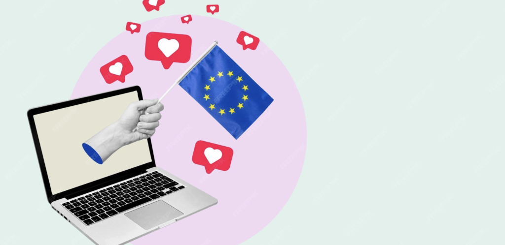 Das Bild zeigt einen Laptop. Eine Hand kommt aus dem Laptop raus und schwingt eine Flagge. Im Hintergrund sind Like-Buttons.